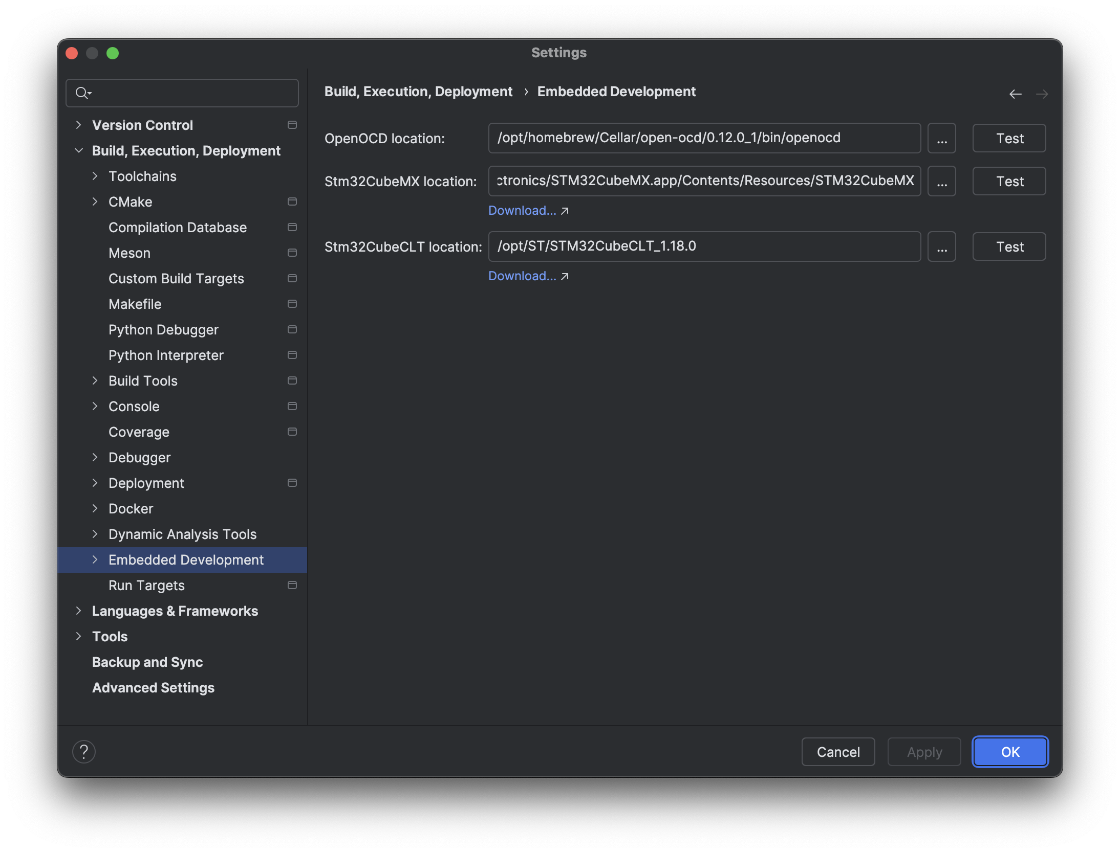 CLion Embedded Development OpenOCD STM32CubeMX and STM32CubeCLT path setting.png